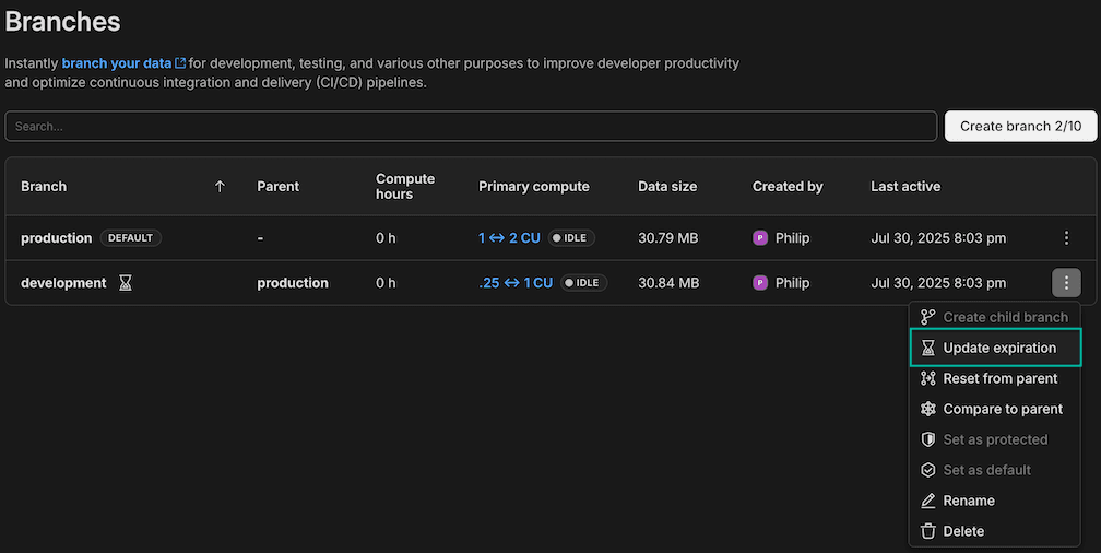 Update branch expiration