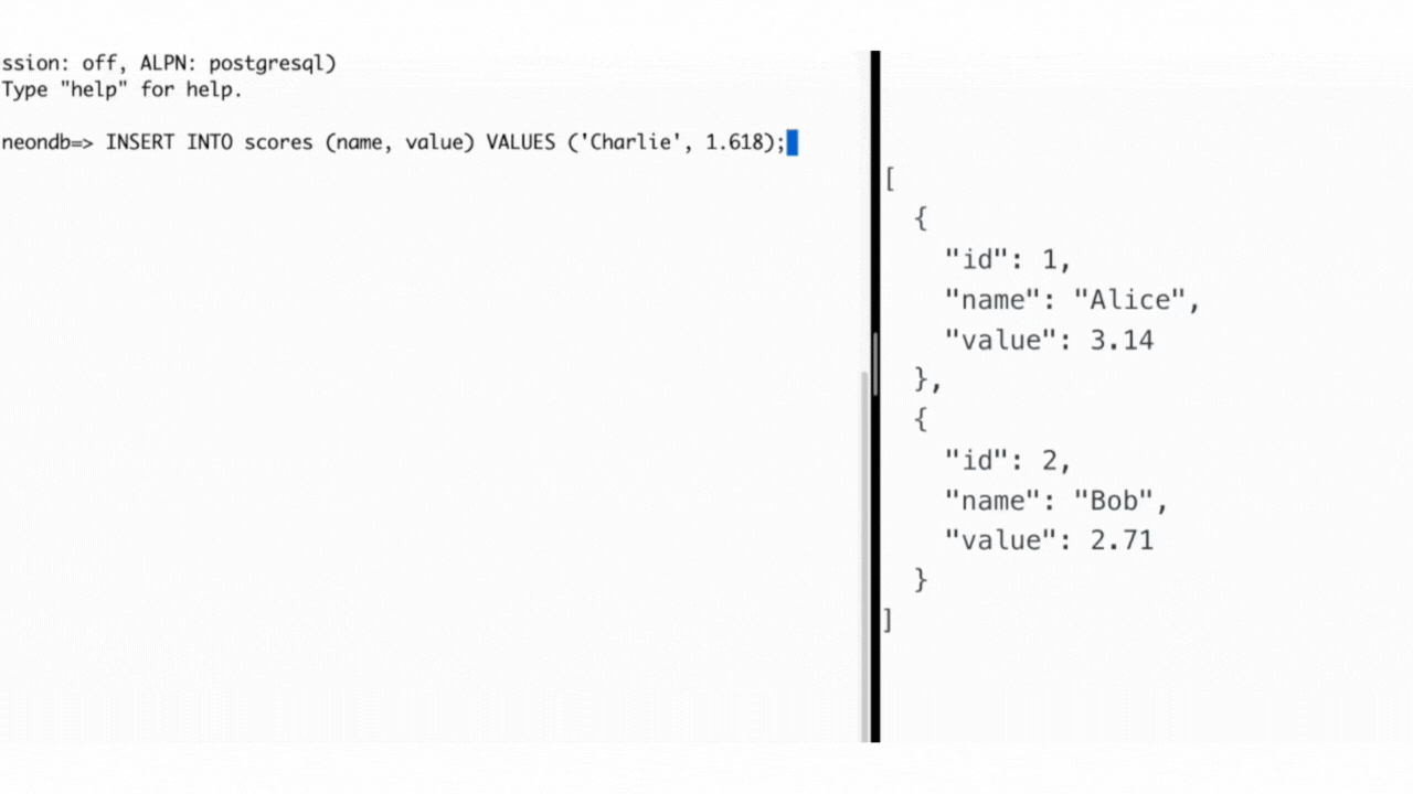 React app displaying real-time data from Neon Postgres