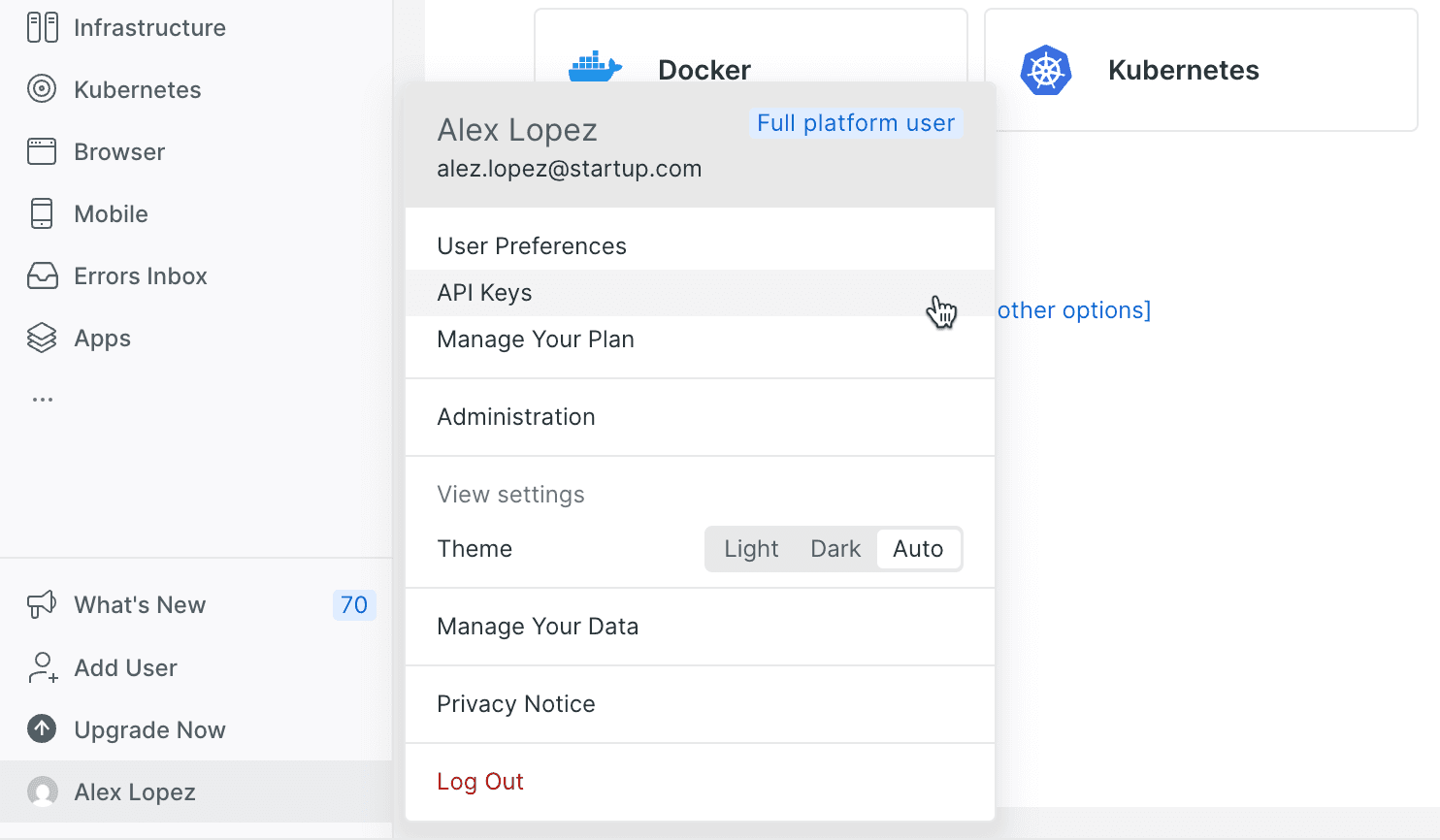New Relic API keys page