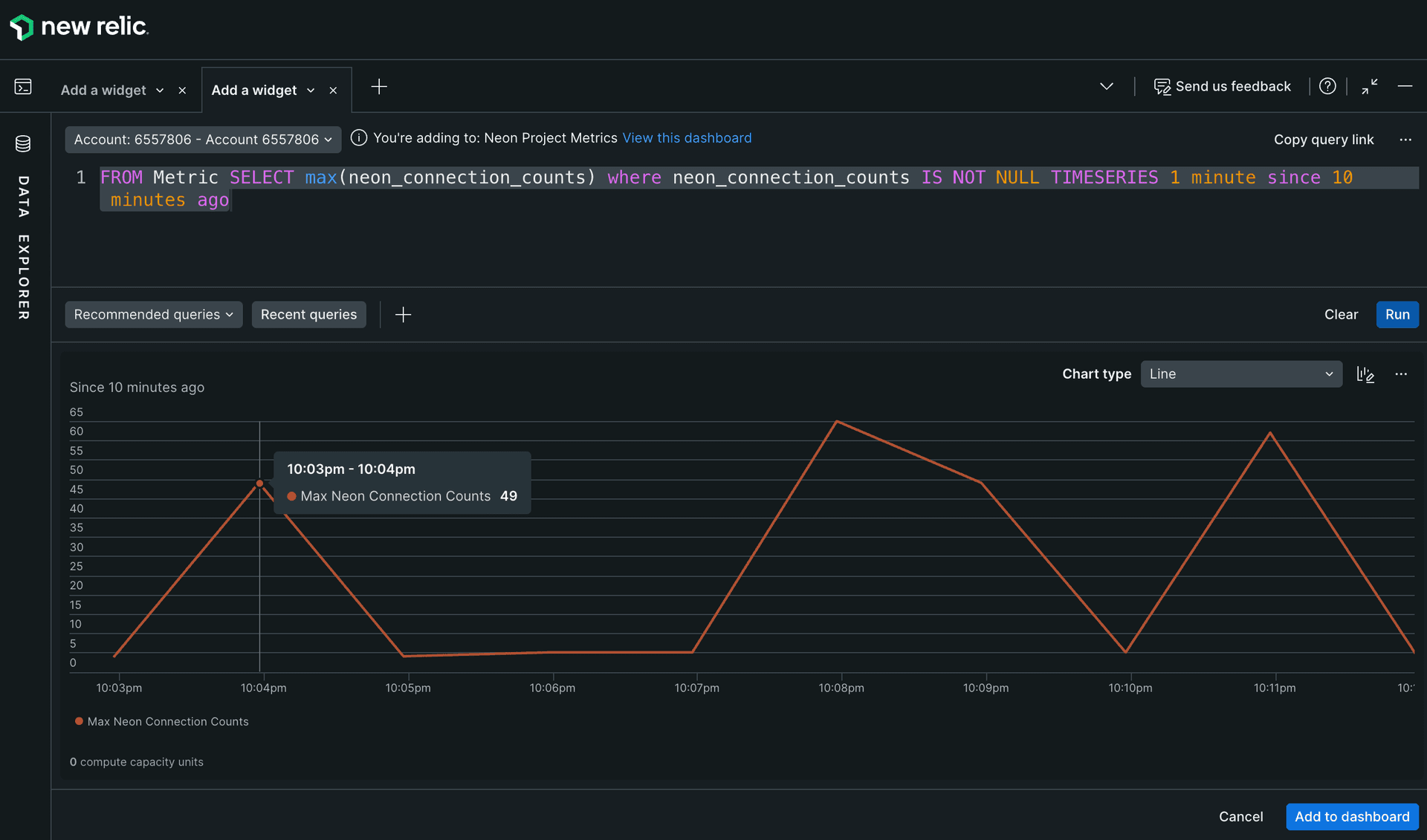 New Relic query builder with NRQL example